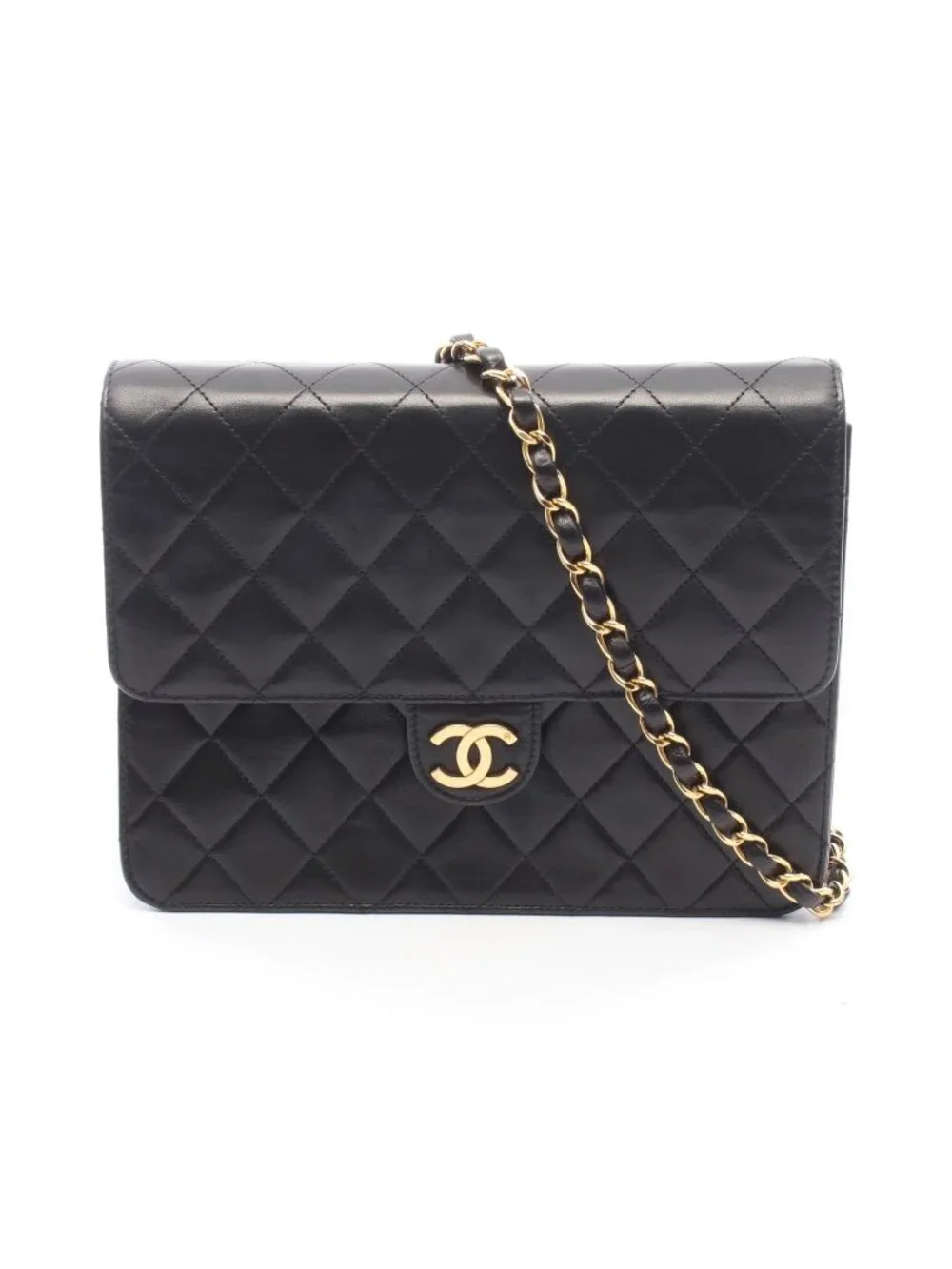 Chanel Shoulder Bag Quilted Single Flap Black Lambskin Push Lock Chain